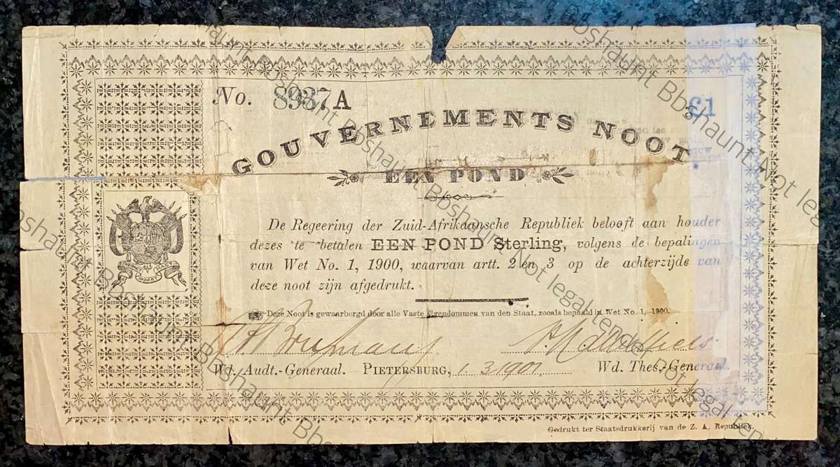 Z.A.R Pietersburg 1 pound Governments Noot 01-03-1901 No 8937A only +- 3000 printed