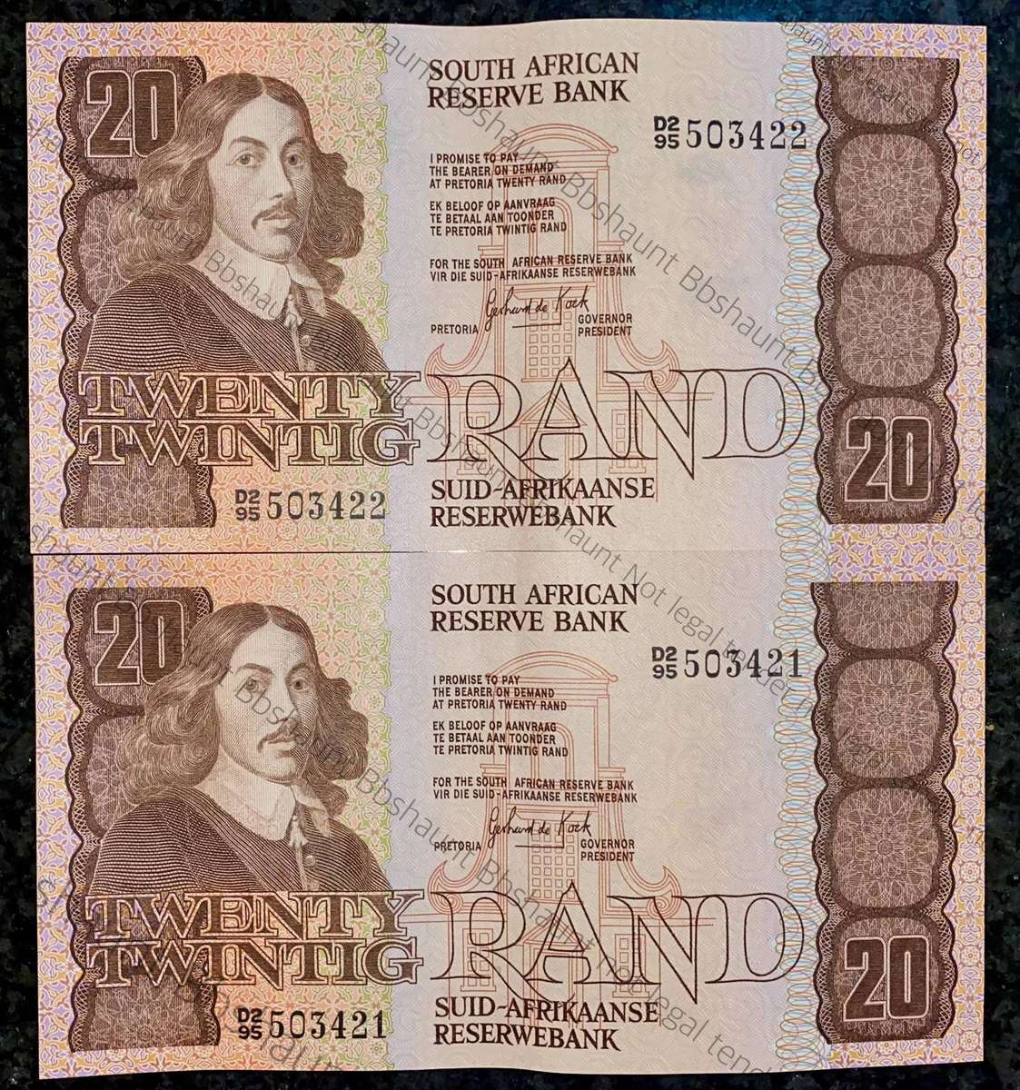 GPC De Kock. R20 in sequence D2 95/503422-421 UNC-AUNC 3rd issue 1984 (1 bid takes all)