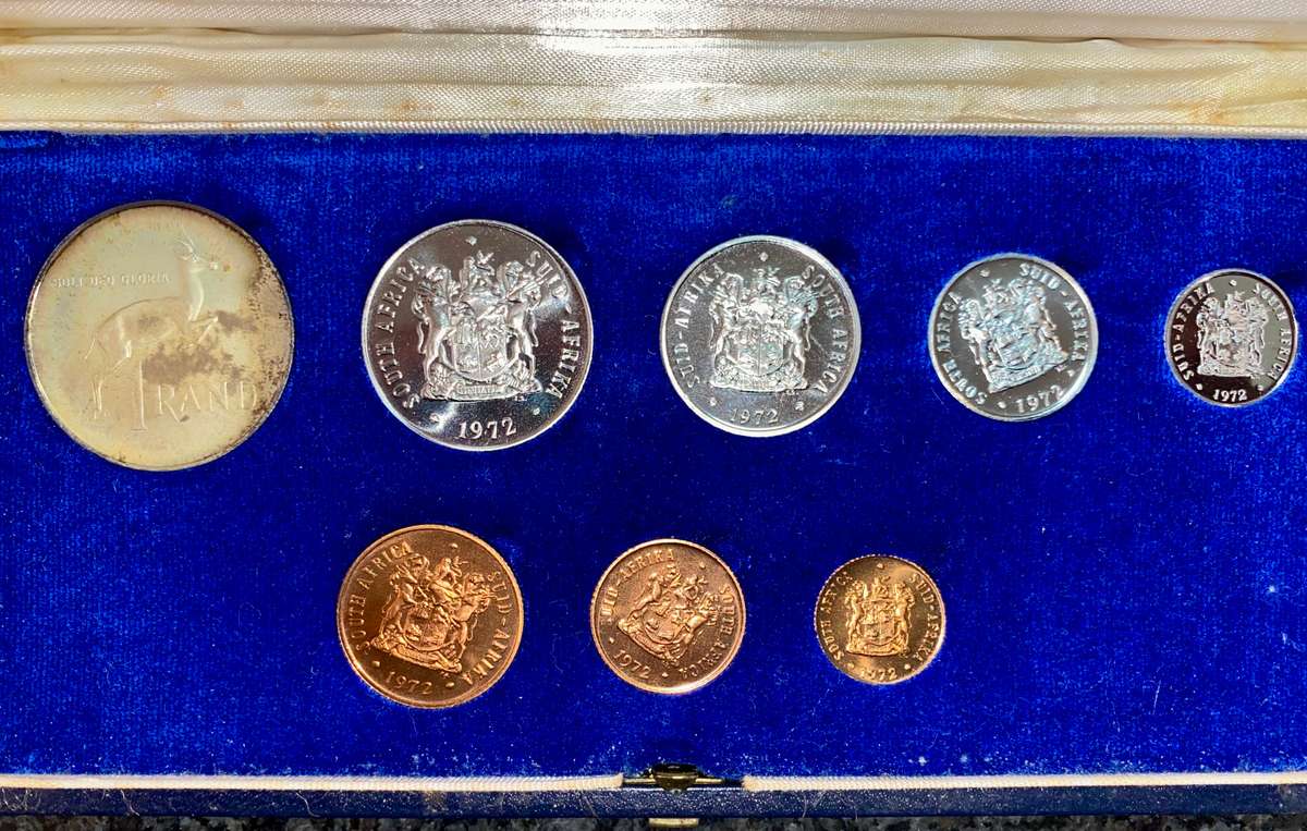 SOUTH AFRICA PROOF SET SILVER R1 TO 1/2 CENT -- 1972 -- IN BLUE SA MINT BOX
