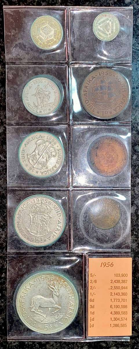 Complete Set 1956 -- Silver 5 shillings to 1/4 penny in folder + info card