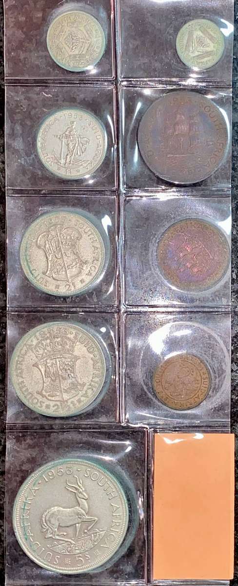 Complete Set 1953 -- Silver 5 shillings to 1/4 penny in folder + info card