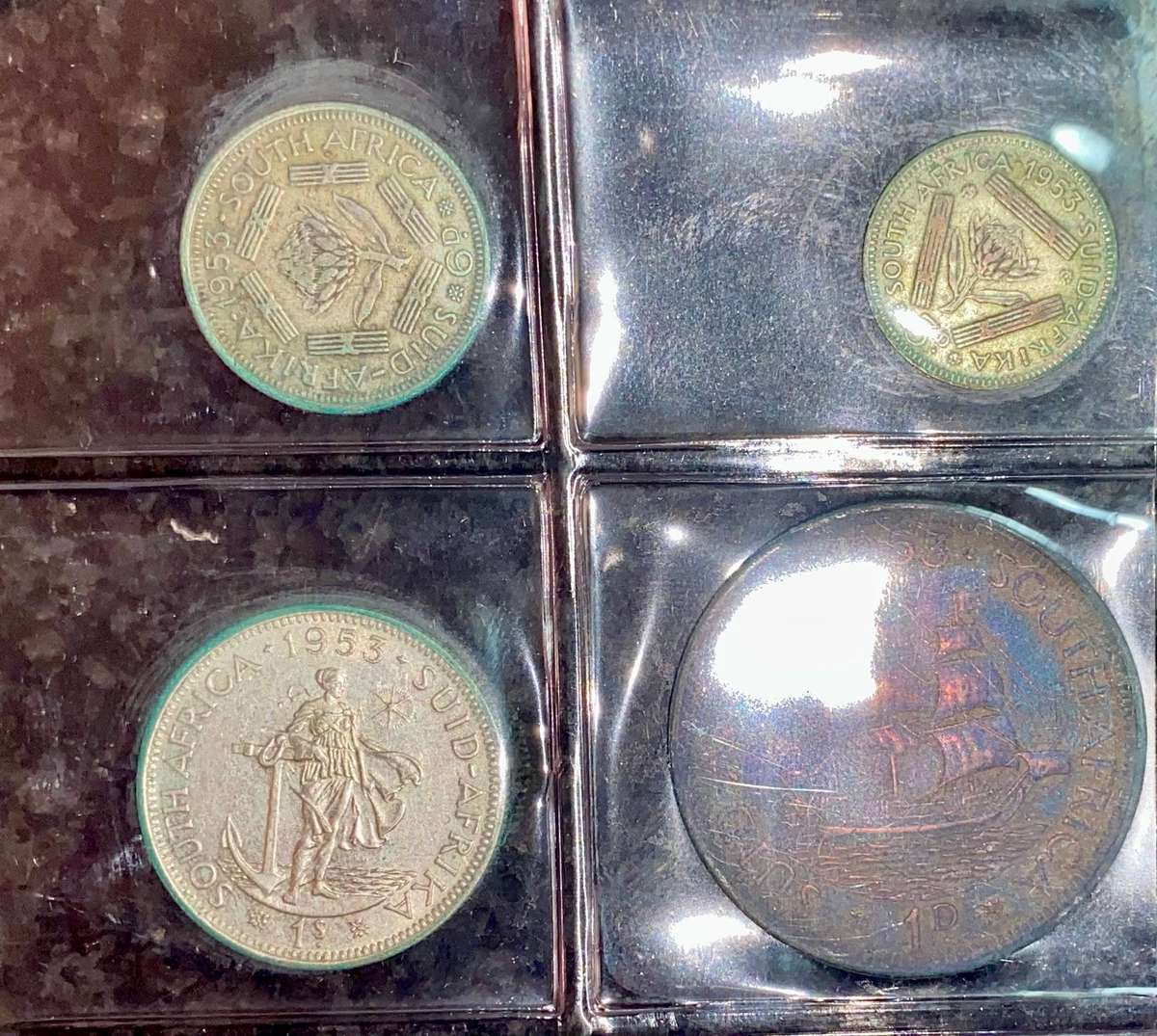 Complete Set 1953 -- Silver 5 shillings to 1/4 penny in folder + info card