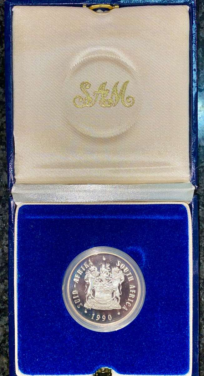 SOUTH AFRICA SILVER PROOF R1 --1990-- COAT OF ARMS - IN SA MINT BOX