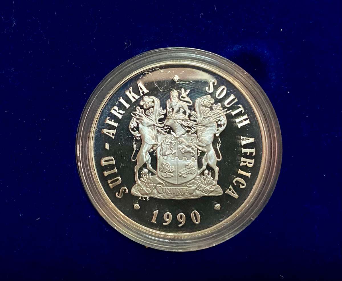 SOUTH AFRICA SILVER PROOF R1 --1990-- COAT OF ARMS - IN SA MINT BOX