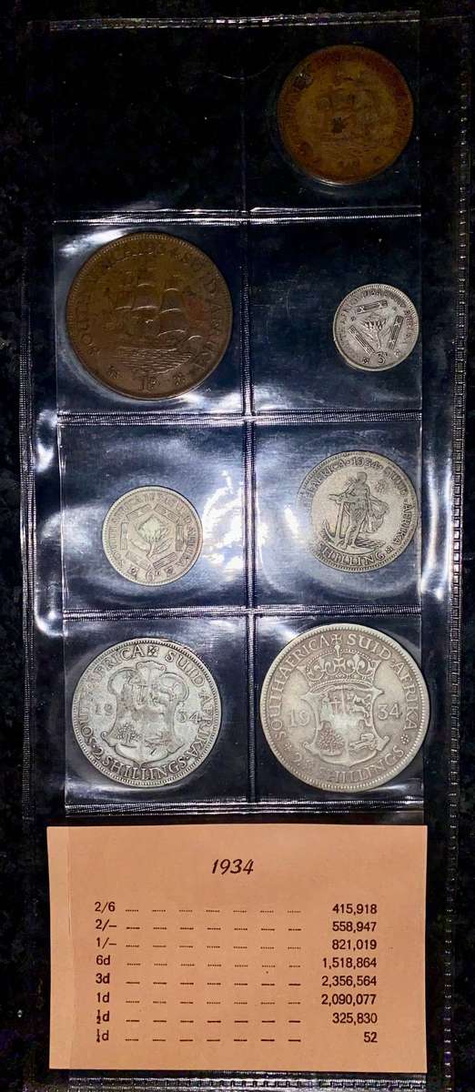1934 Partial set -- Silver 2 1/2 shillings to 1/2 penny in folder + info card