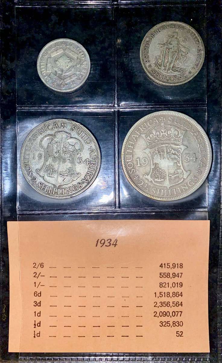 1934 Partial set -- Silver 2 1/2 shillings to 1/2 penny in folder + info card