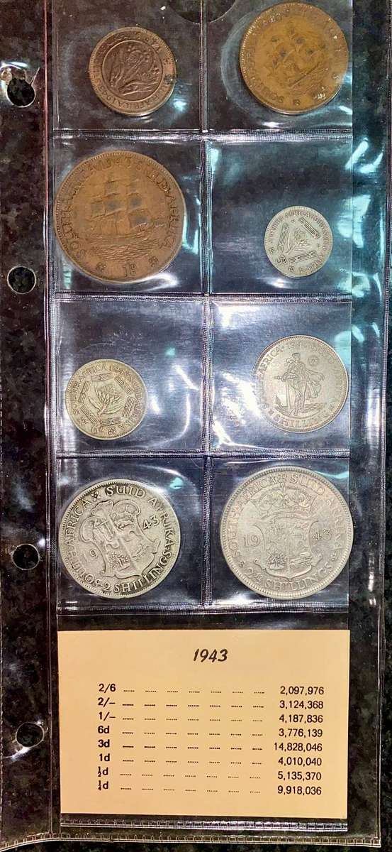 Complete Set 1943 -- Silver 2 1/2 shillings to 1/4 penny in folder + info card