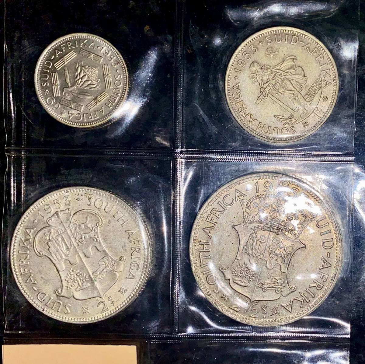 Complete Set 1953 -- Silver 5 shillings to 1/4 penny in folder + info card