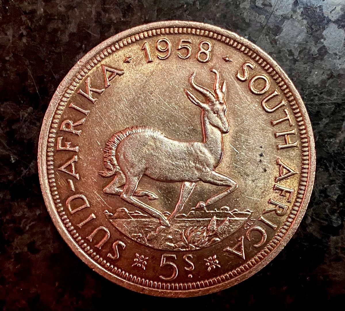 SA Union silver 5 shillings 1958 nice gold toning good condition