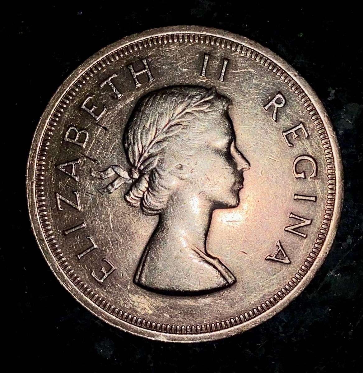 SA Union silver 5 shillings 1958 nice gold toning good condition