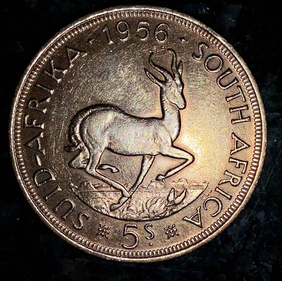 SA Union silver 5 shillings 1956 lovely gold toning good condition