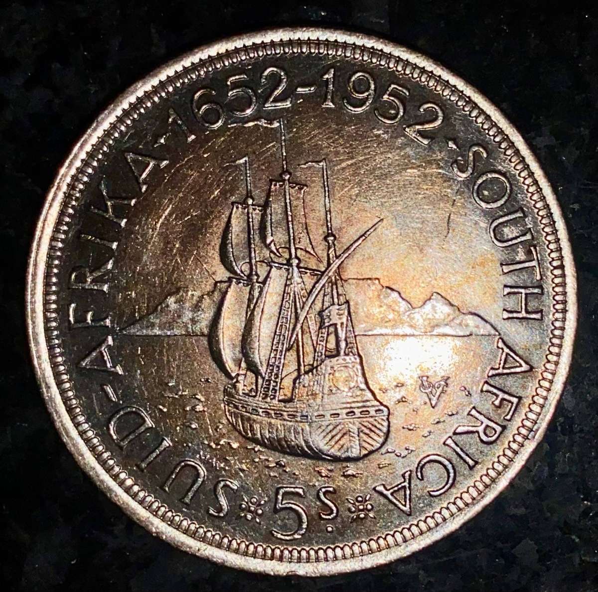 SA Union silver 5 shillings 1952 gold toning