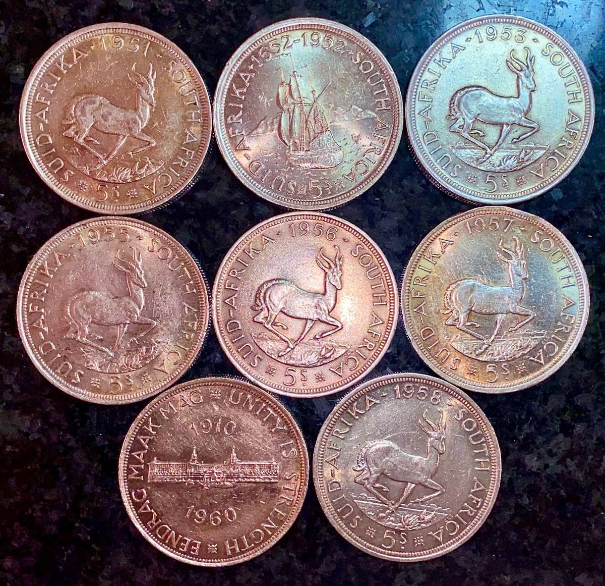 SA Union Silver Set 5 shilling 1951 - 1952 - 1953 - 1955 - 1956 - 1957 - 58 - 1960 - good condition