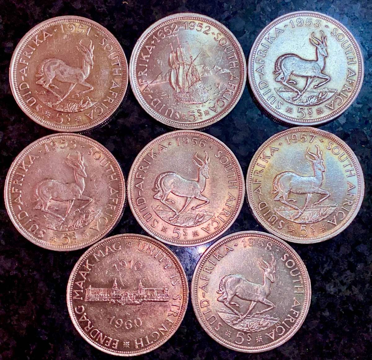 SA Union Silver Set 5 shilling 1951 - 1952 - 1953 - 1955 - 1956 - 1957 - 58 - 1960 - good condition