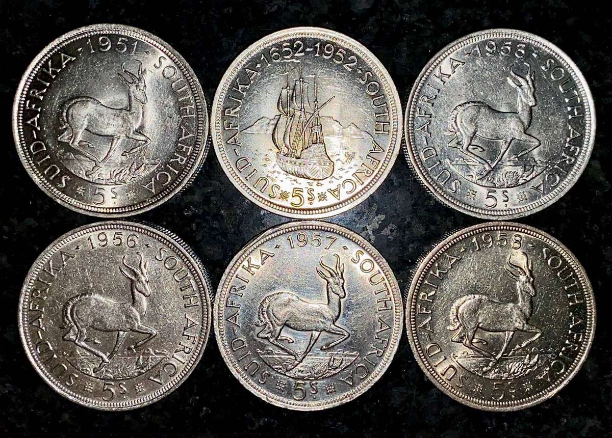 SA Union Silver Set 5 shillings 1951 - 1952 - 1953 - 1956 - 1957 - 1958 - good condition