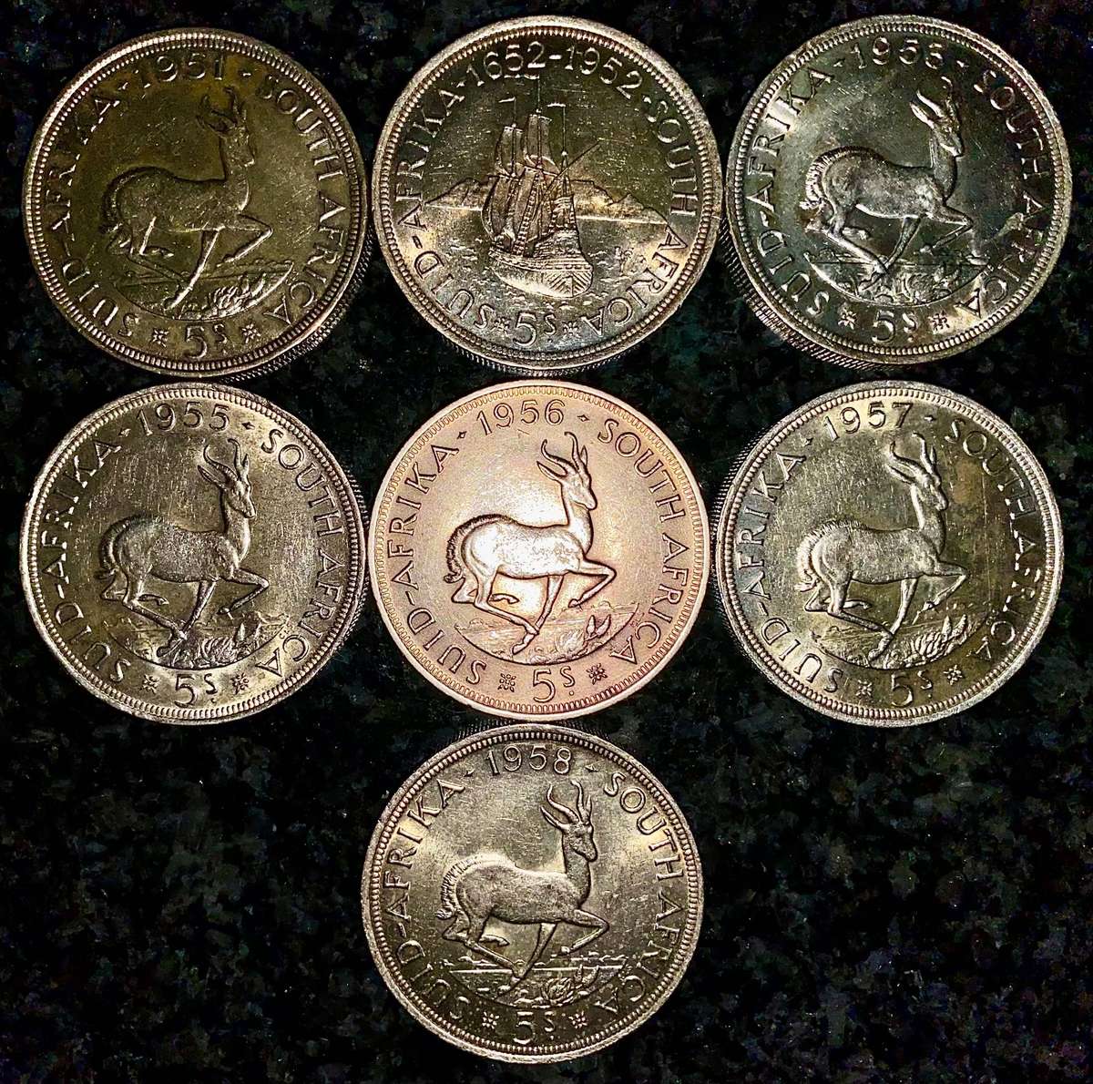 SA Union Silver Set 5 shillings 1951 - 1952 - 1953 - 1955 - 1956 - 1957 - 1958 - good condition