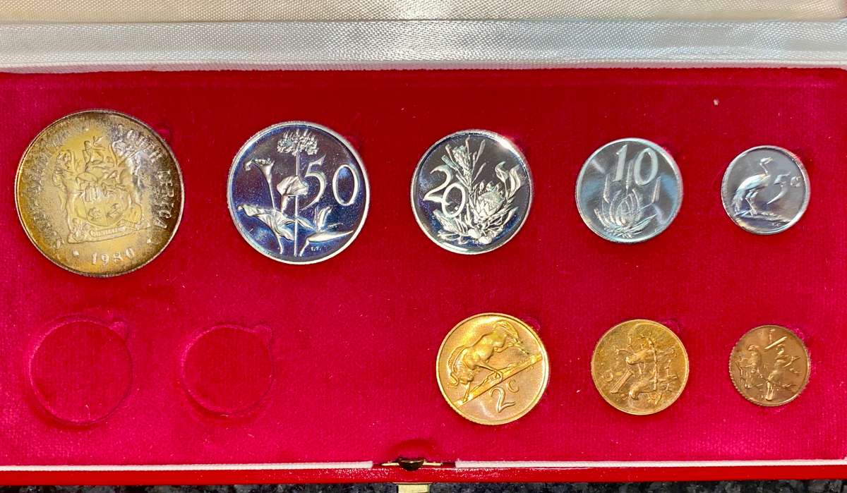 SOUTH AFRICA PROOF SET SILVER R1 TO 1/2 CENT -- 1980 -- IN RED SA MINT BOX