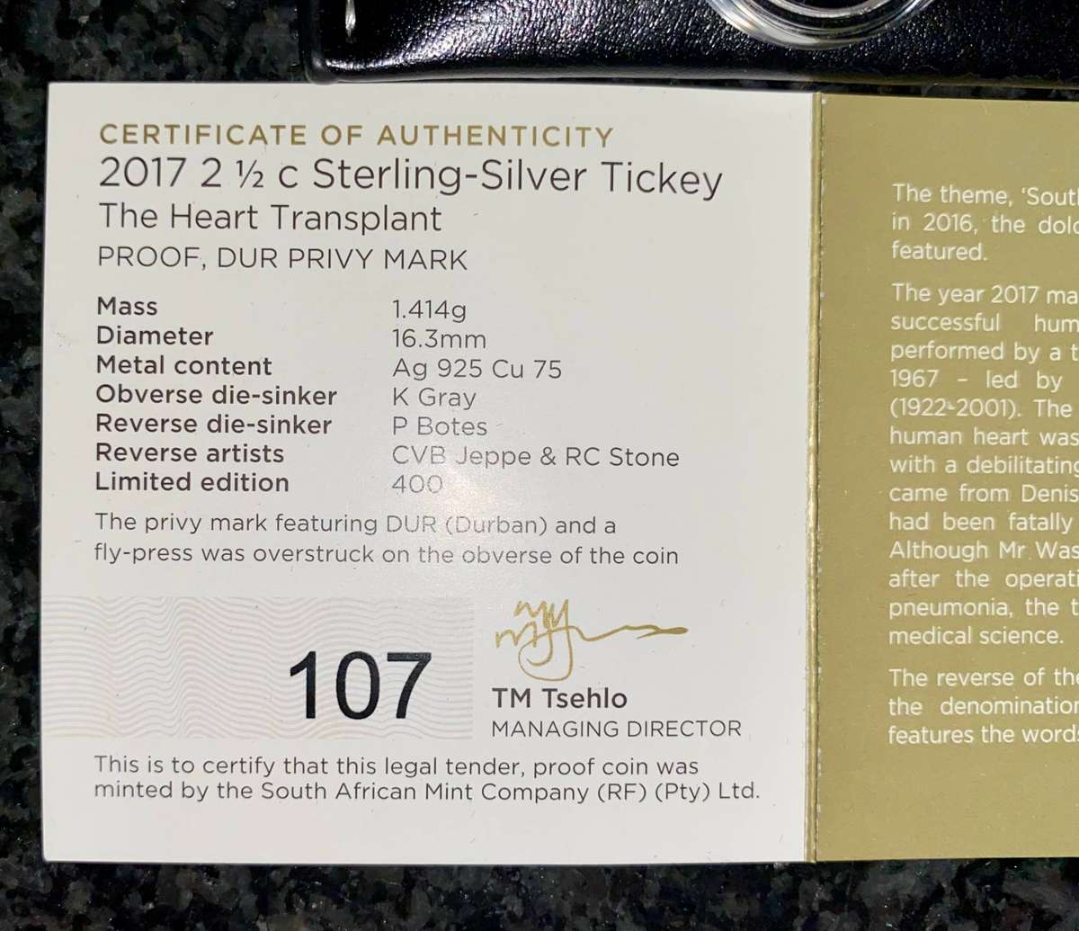 South Africa. Proof Silver 2 1/2 cent 2017 - Heart Transplant -DNB flypress tickie low mintage 393