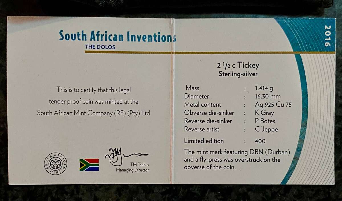 South Africa. Proof Silver 2 1/2 cent 2016 - Dolphin's - DBN flypress tickie low mintage 400