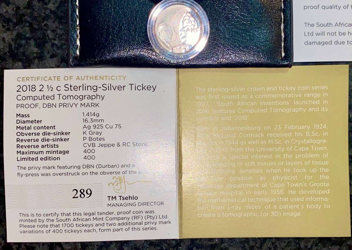 South Africa. Proof Silver 2 1/2 cent 2018 - Computed Tomogram -DNB flypress tickie low mintage 400