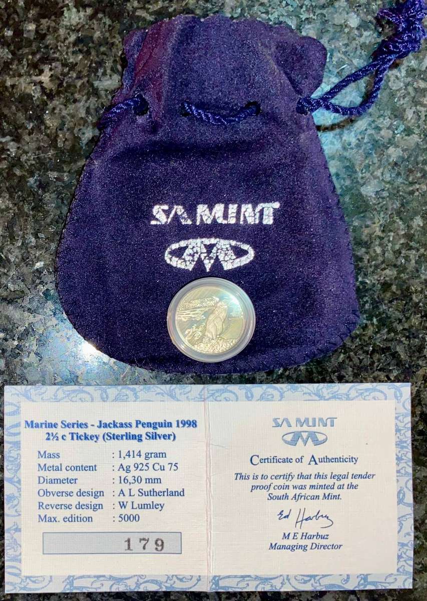 South Africa. Proof Silver 2 1/2 cent 1998 - Jackass Penguin - mintage 2297