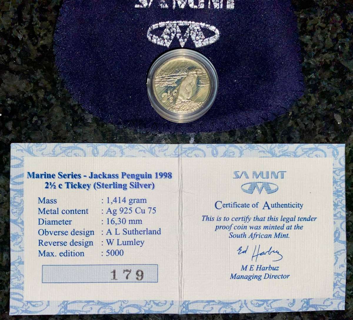 South Africa. Proof Silver 2 1/2 cent 1998 - Jackass Penguin - mintage 2297