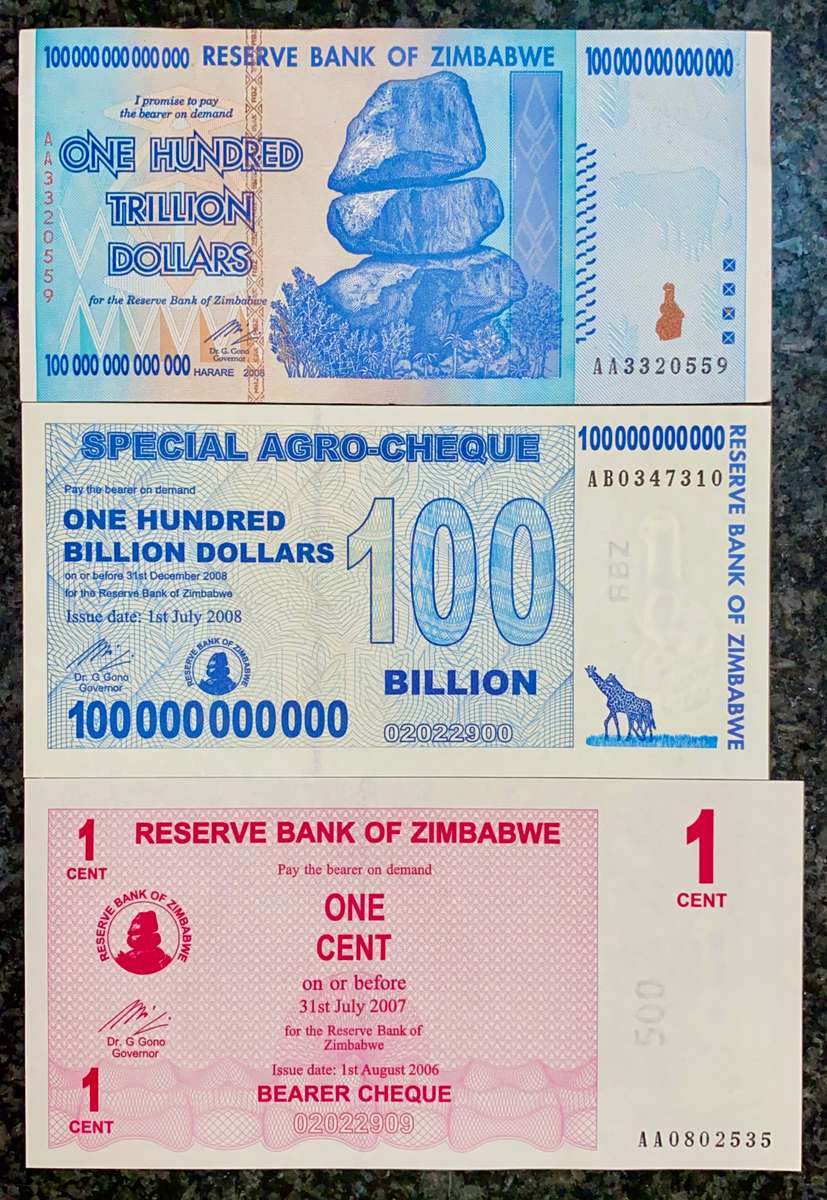 Zimbabwe set 100 trillion - 100 billion 2008 & 1 cent 2007 (1 bid takes all)