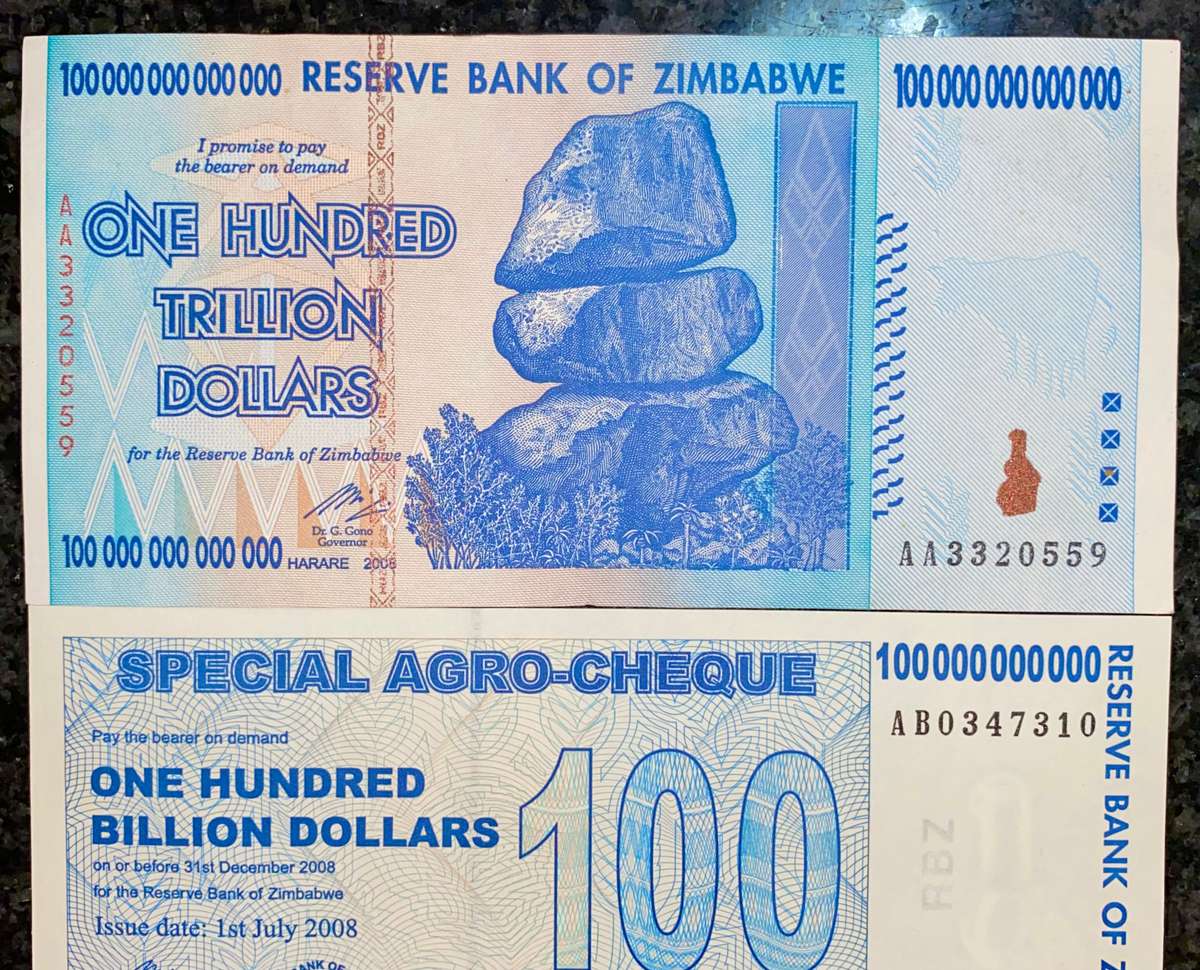 Zimbabwe set 100 trillion - 100 billion 2008 & 1 cent 2007 (1 bid takes all)