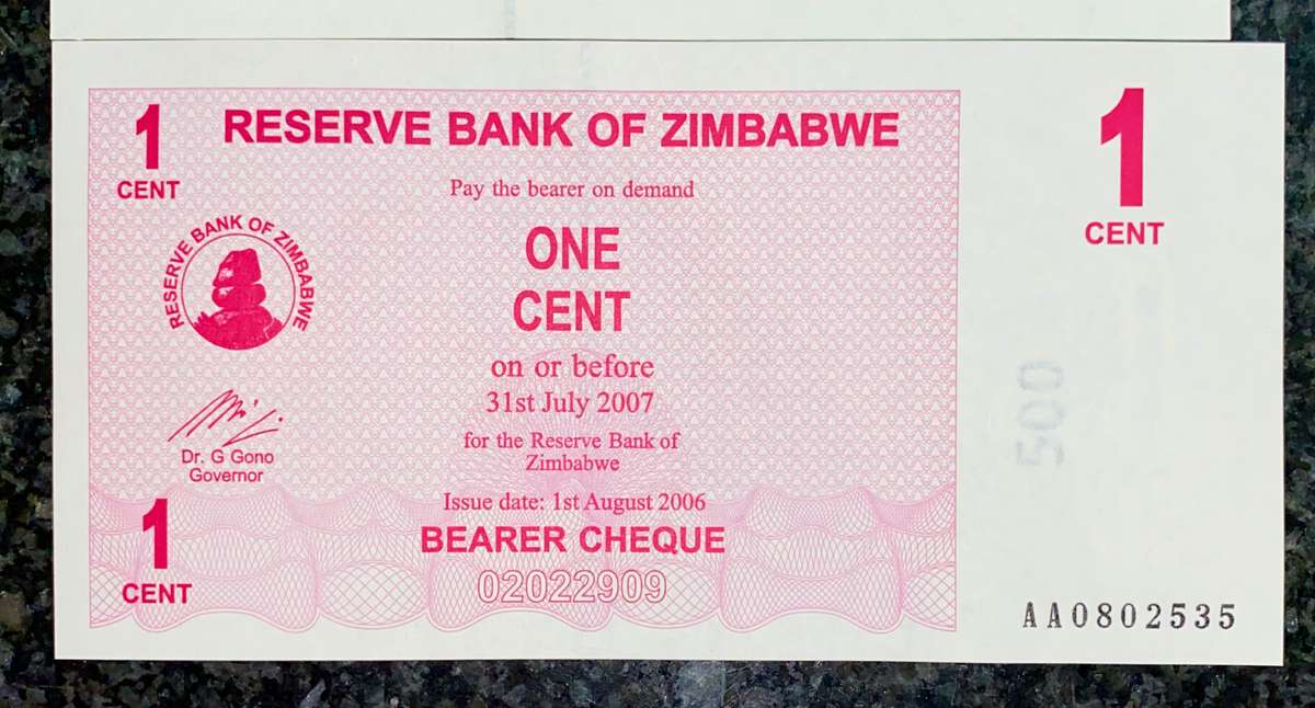 Zimbabwe set 100 trillion - 100 billion 2008 & 1 cent 2007 (1 bid takes all)