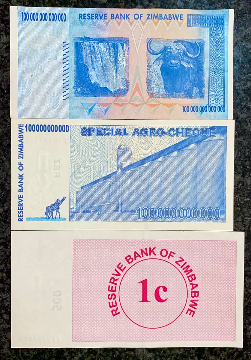 Zimbabwe set 100 trillion - 100 billion 2008 & 1 cent 2007 (1 bid takes all)
