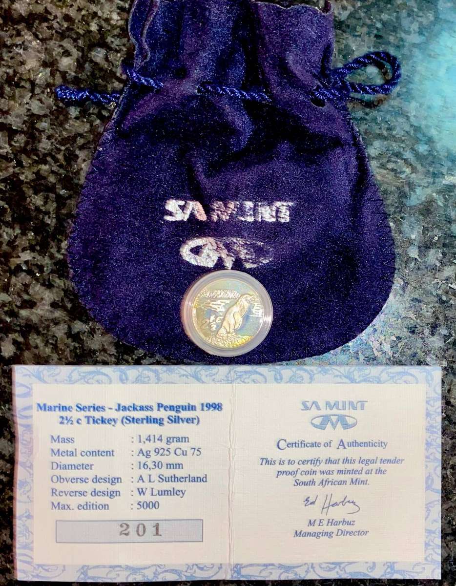 South Africa. Proof Silver 2 1/2 cent 1998 - Jackass Penguin - mintage 2297