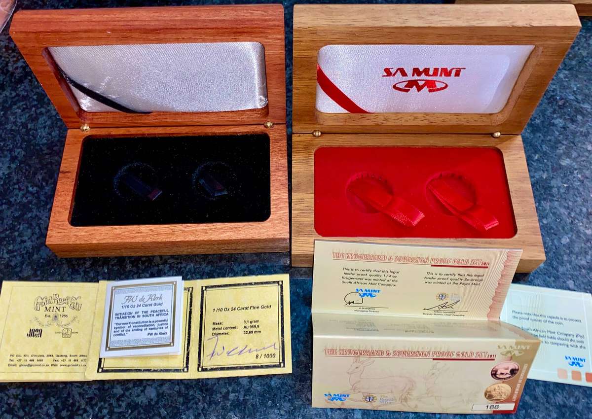 Various Wooden Mint Boxes - De Klerk & Krugerrand - with Certificates (1 bid takes all)