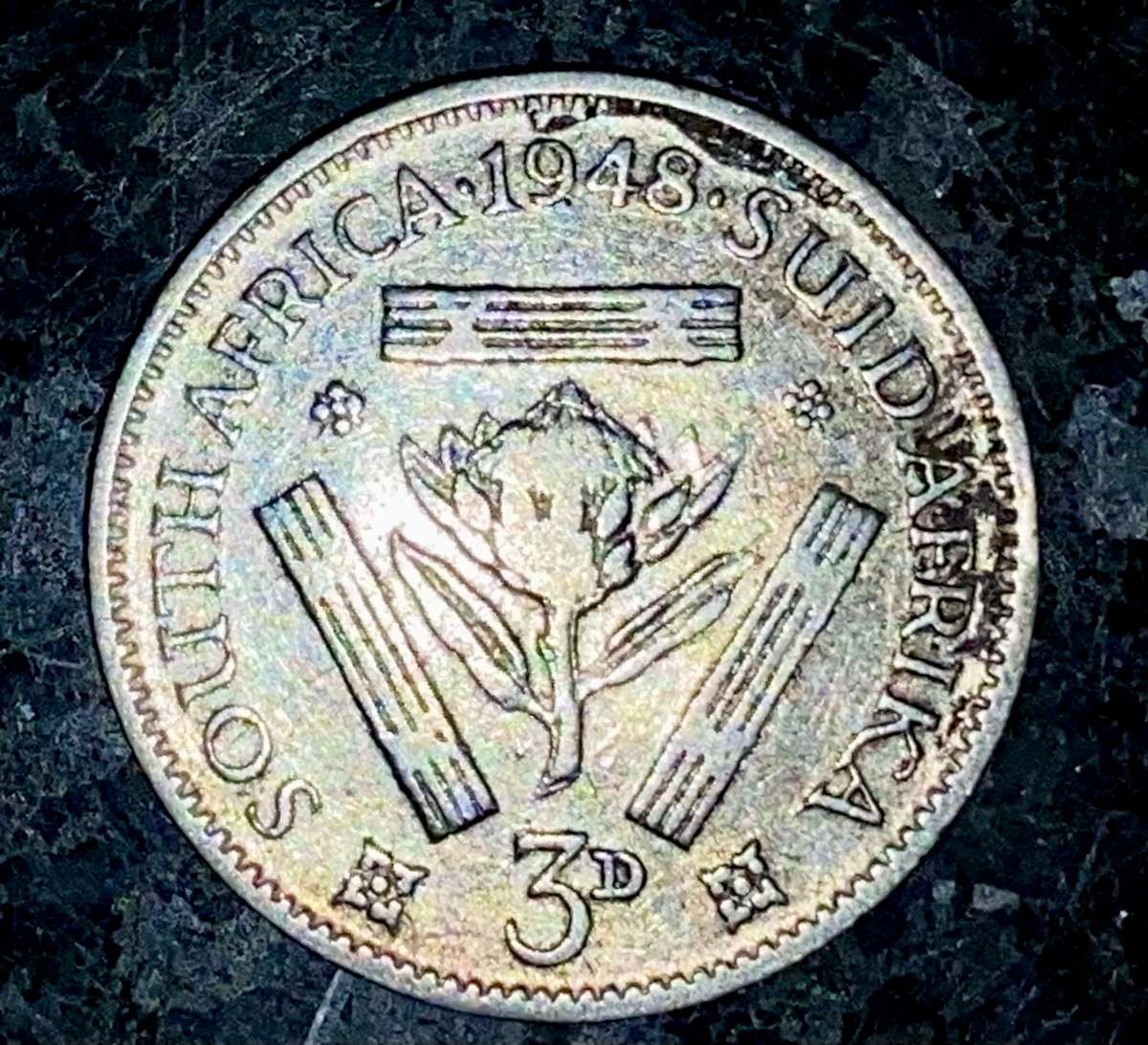 S A Union. silver 3d threepence 1948