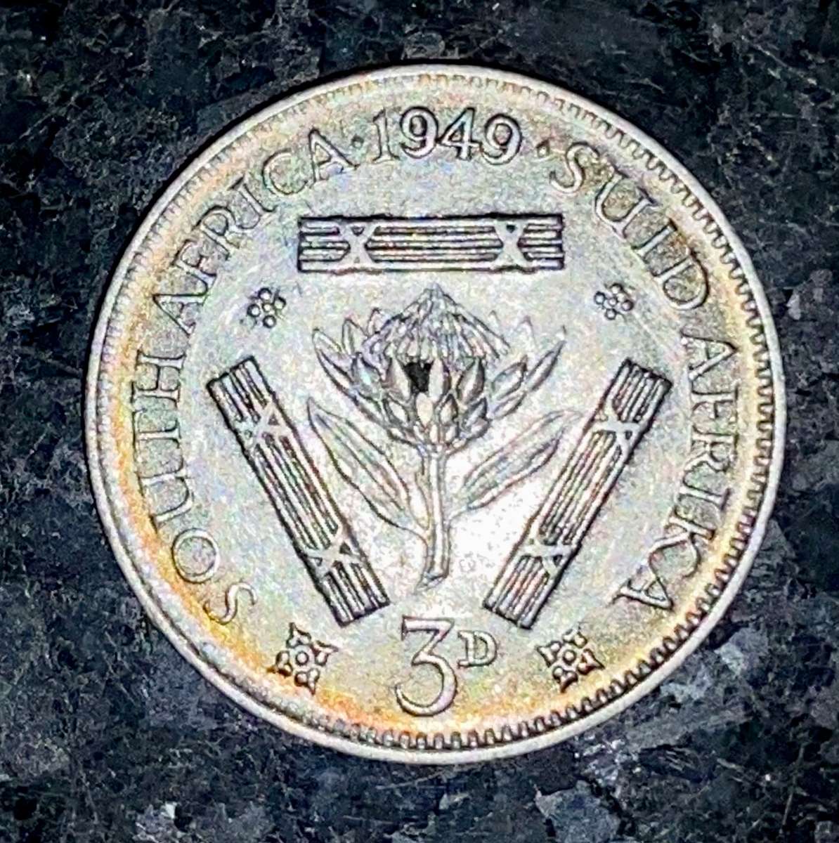 S A Union. silver 3d threepence 1949