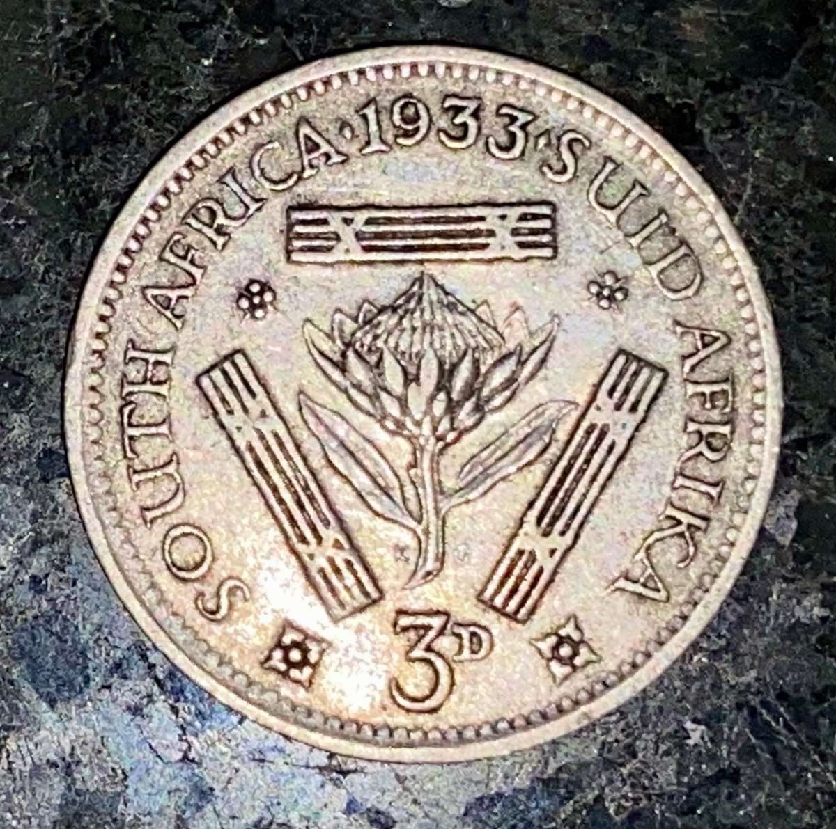 S A Union. silver 3d threepence 1933