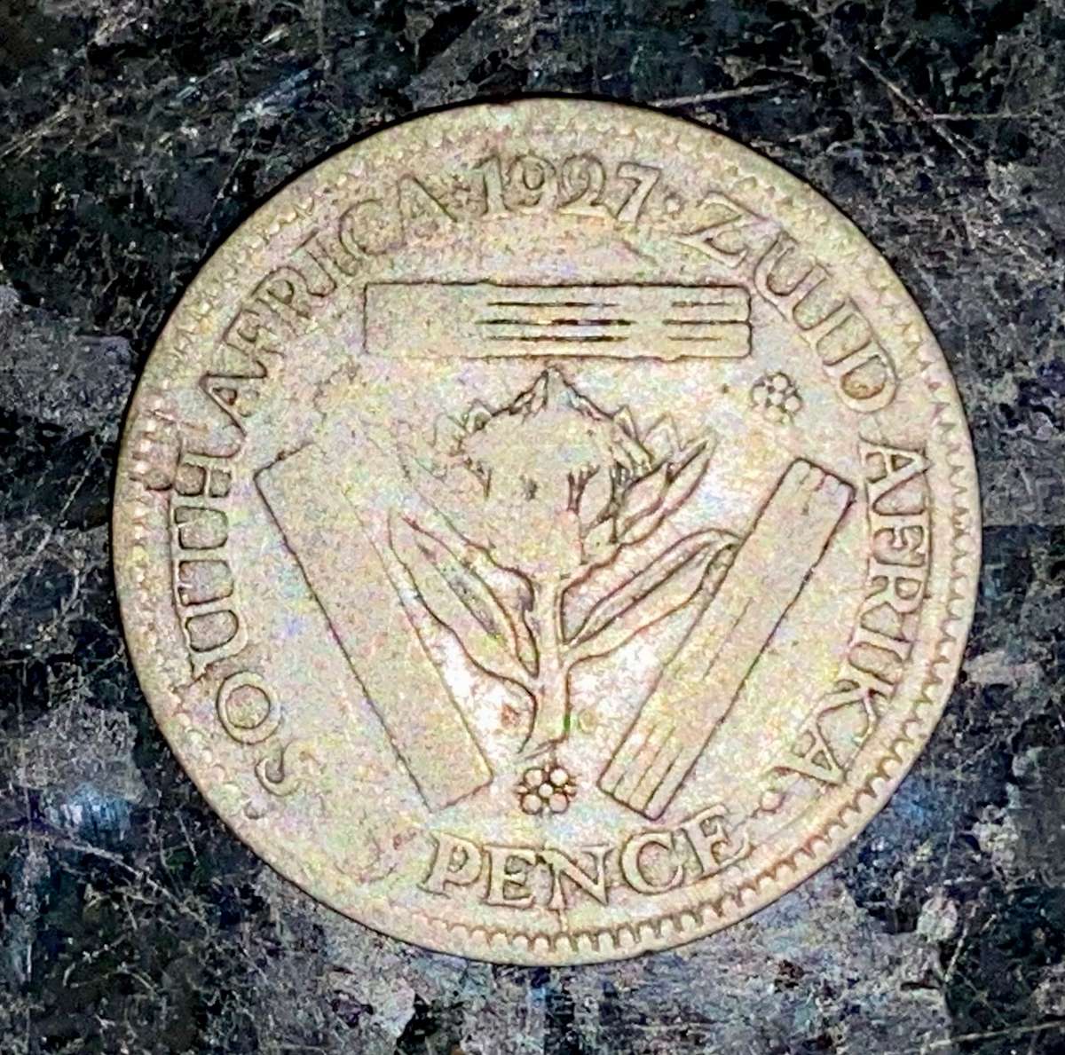 S A Union. silver 3d threepence 1927