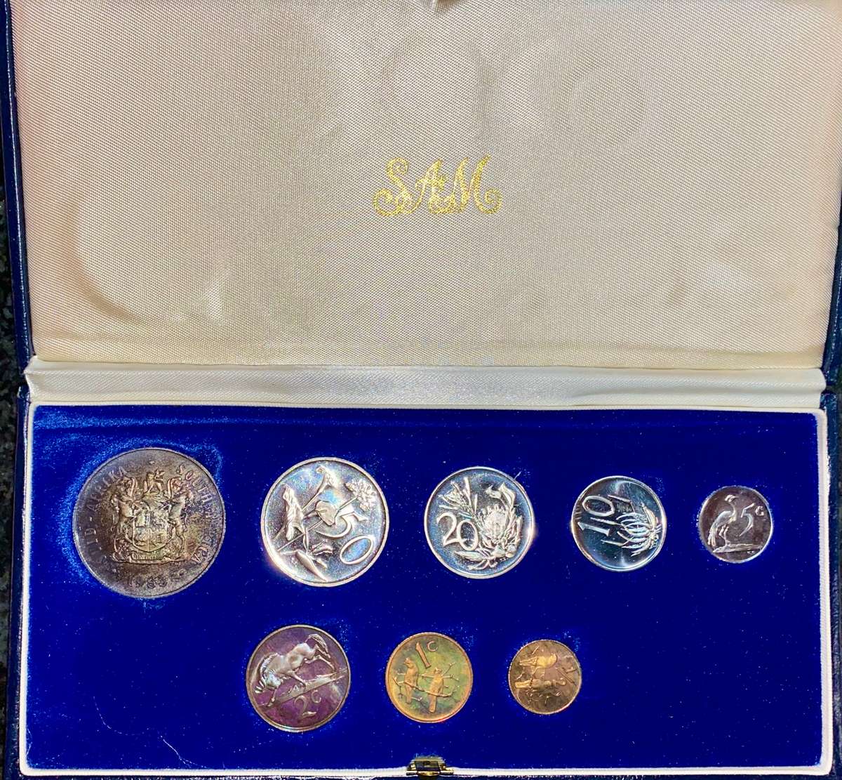 South Africa Proof set silver R1 TO 1/2 cent 1983 blue SA mint box