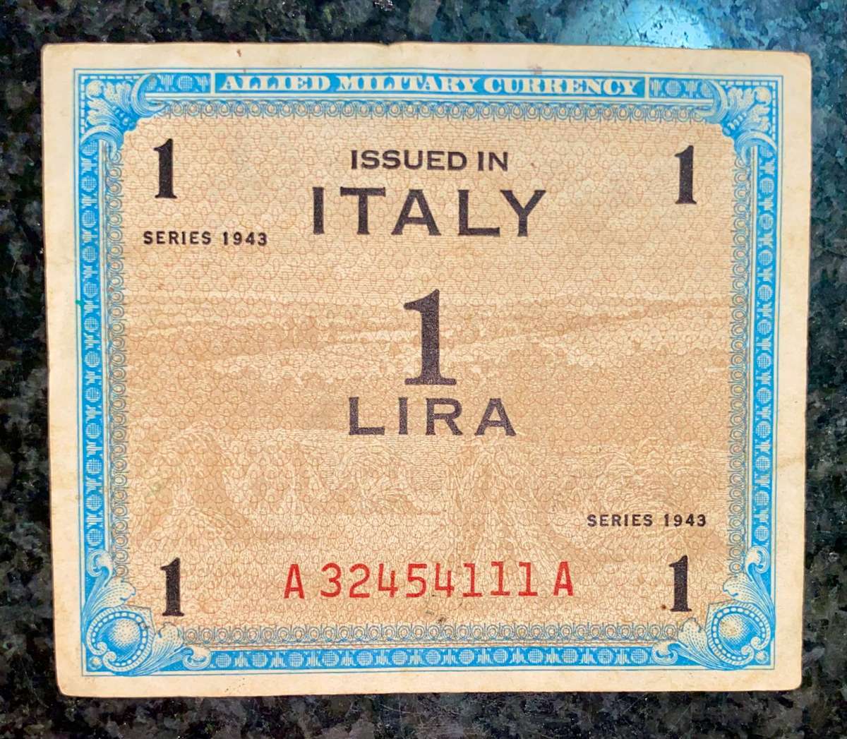 Italy. 1 lire 1943 WW2 allied military