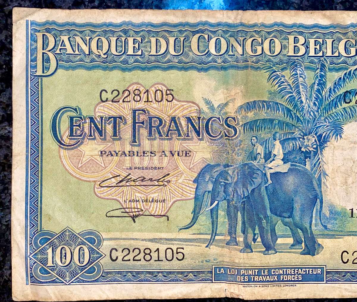 Belgium Congo 100 francs 11-03-1946 Zebra wtm Scarce