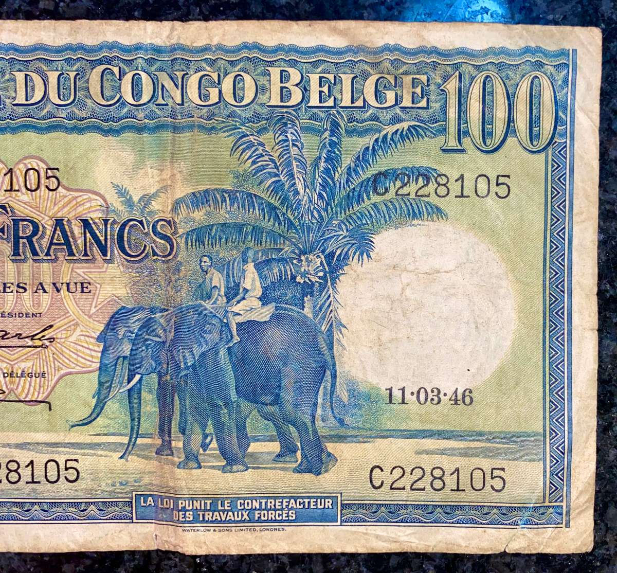 Belgium Congo 100 francs 11-03-1946 Zebra wtm Scarce
