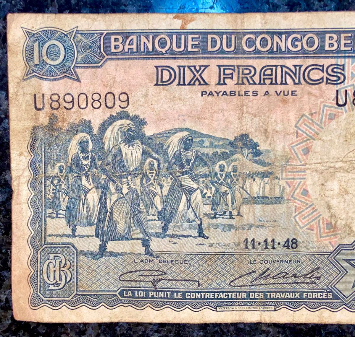 Belgium Congo 10 francs 11-11-1948 Okapi head wtm