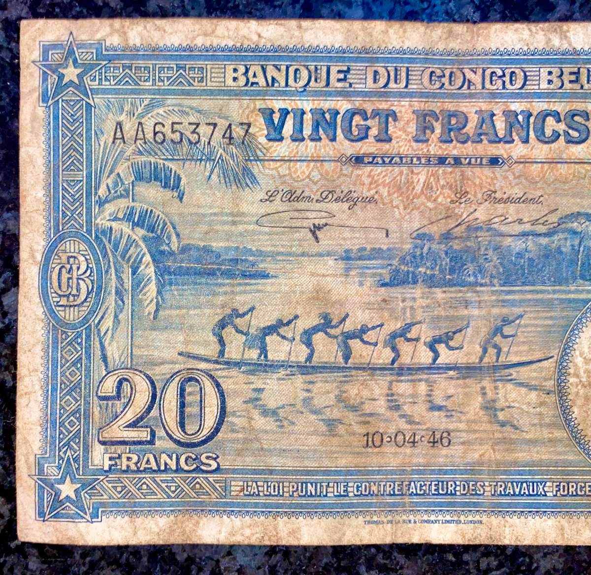 Belgium Congo 20 francs 10-04-1946 AA elephant wtm