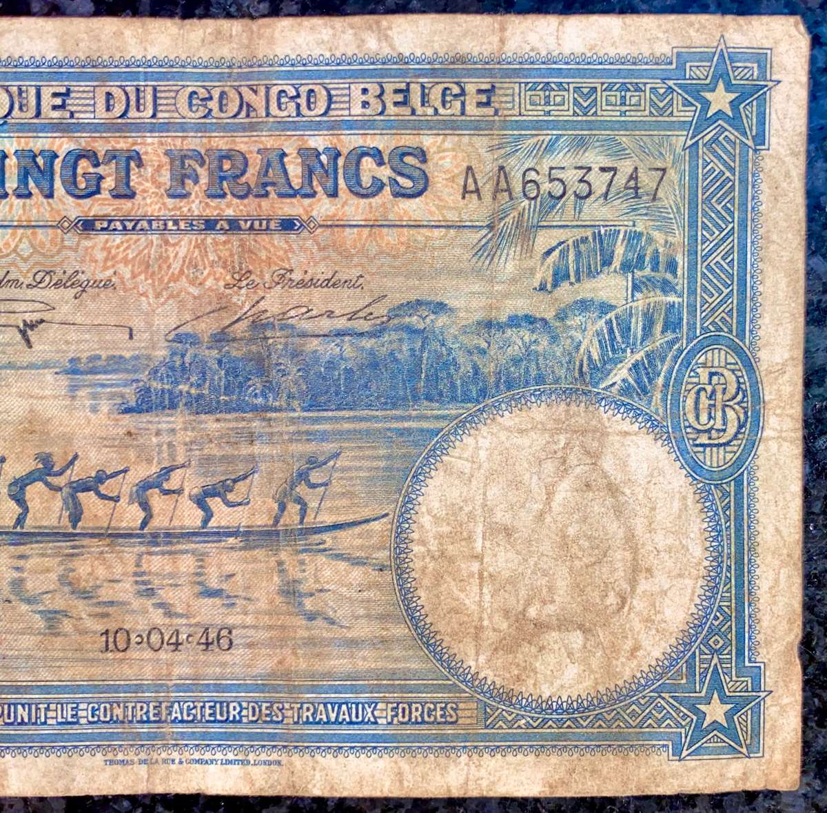 Belgium Congo 20 francs 10-04-1946 AA elephant wtm