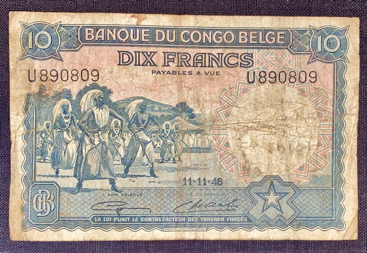 Belgium Congo 10 francs 11-11-1948 Okapi head wtm
