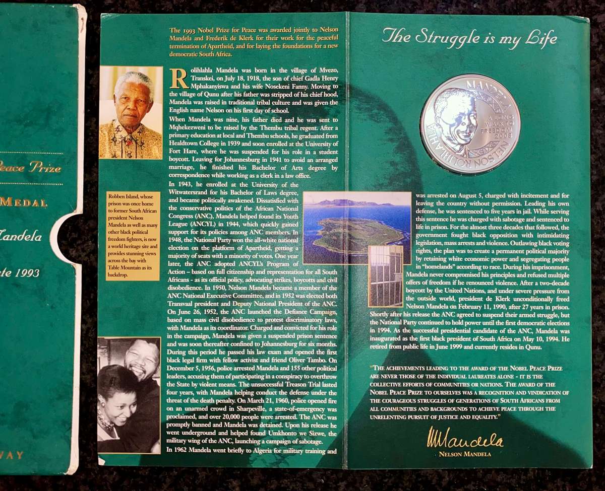 Nelson Mandela 1OZ proof silver - Robben Island laureate Nobel Peace  Norway Mint in original folder