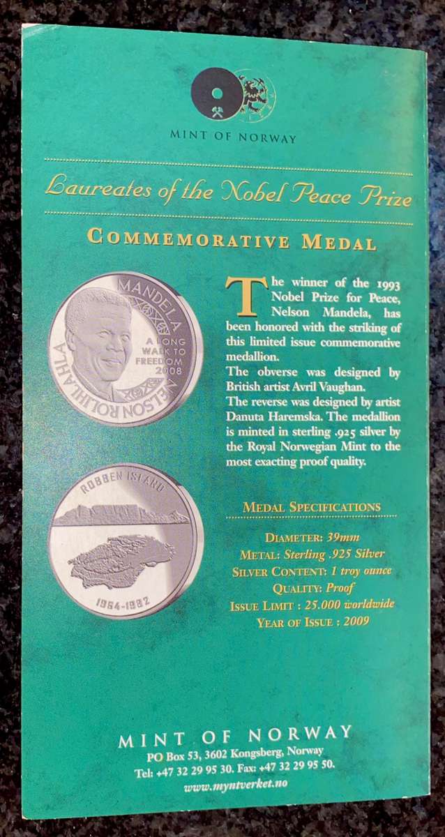 Nelson Mandela 1OZ proof silver - Robben Island laureate Nobel Peace  Norway Mint in original folder