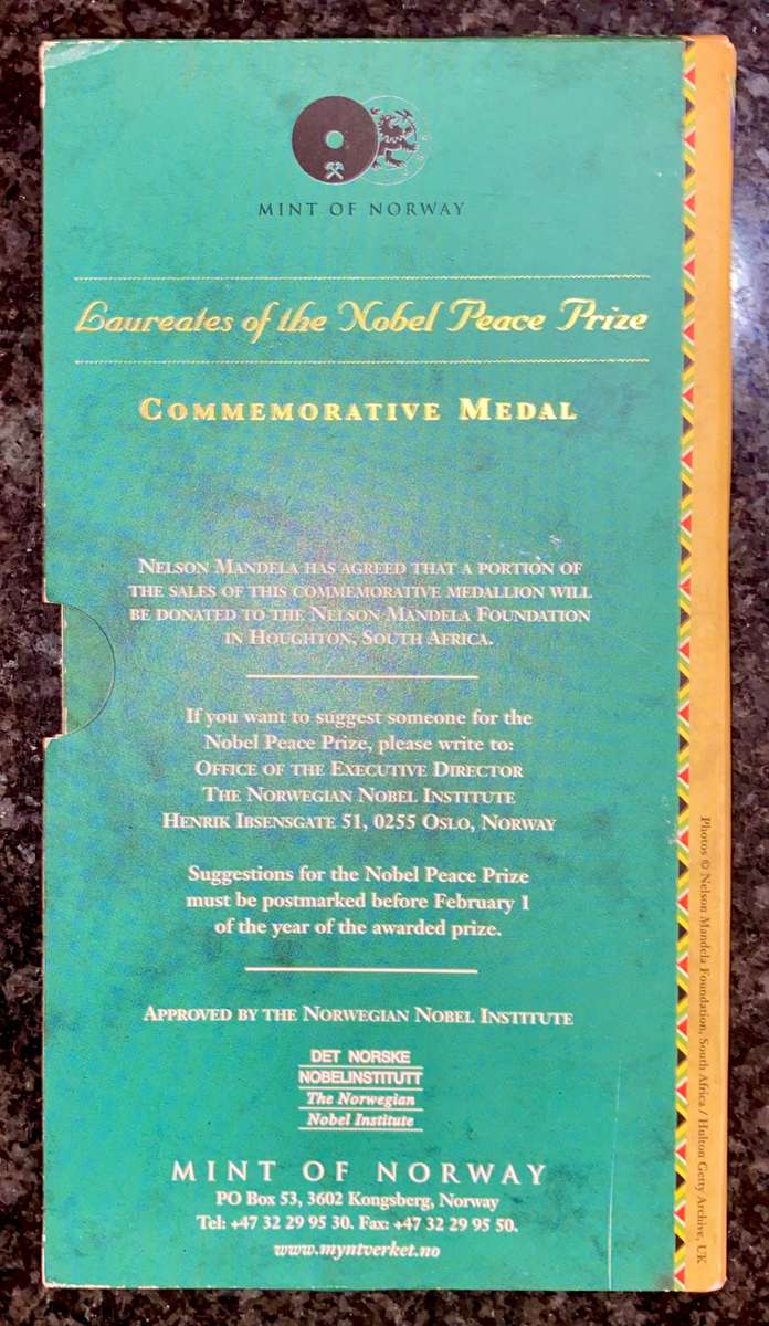 Nelson Mandela 1OZ proof silver - Robben Island laureate Nobel Peace  Norway Mint in original folder