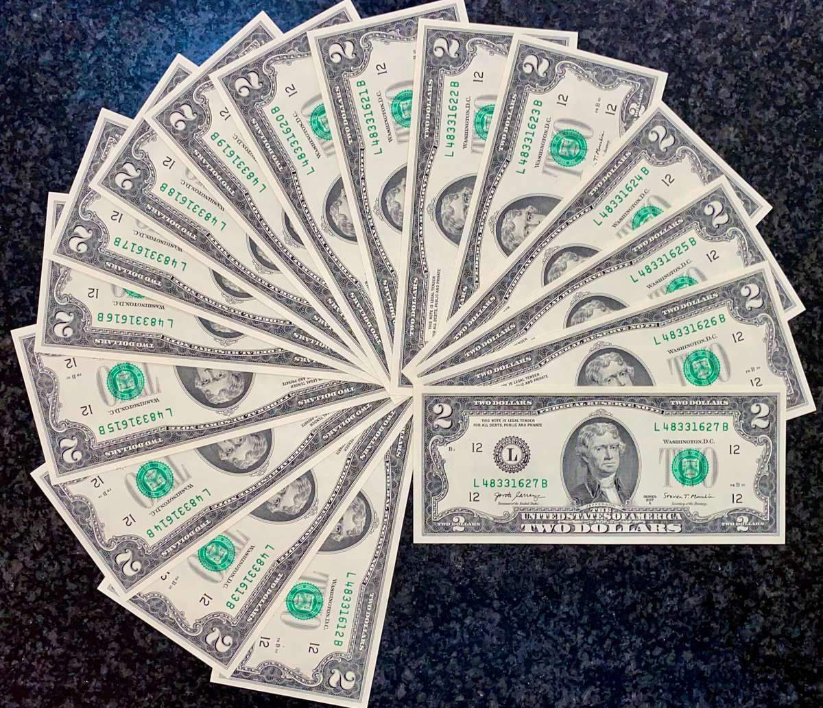 USA 2 dollars in sequence 627-612 San Francisco Federal mint 2017 unc (BID PER NOTE)