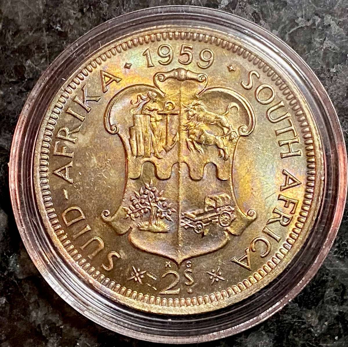 SA Union silver 2 shillings 1959 good condition nice toning in capsule
