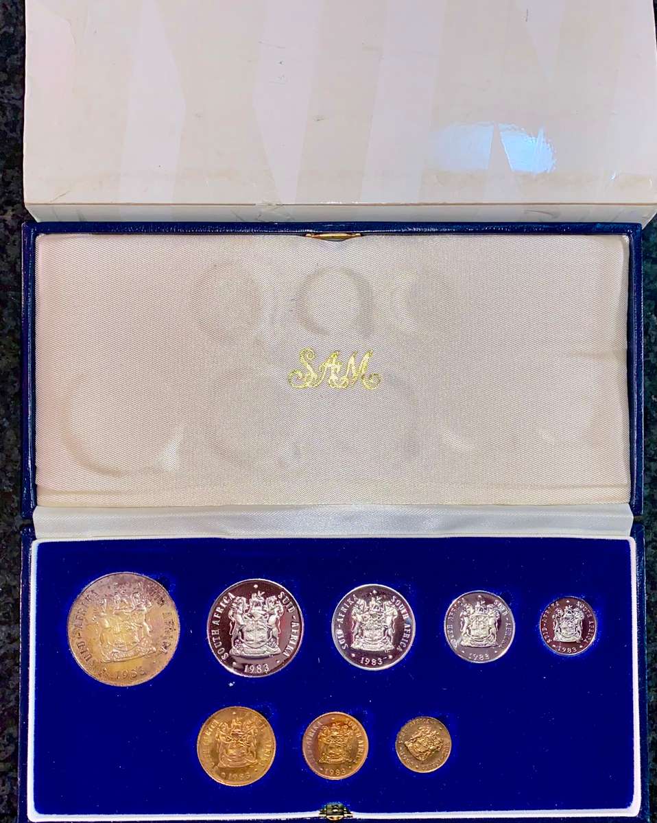 South Africa Proof set silver R1 to 1 cent 1983 blue SA mint box + box cover